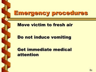 Emergency procedures
Move victim to fresh air
Do not induce vomiting
Get immediate medical
attention

6c

 
