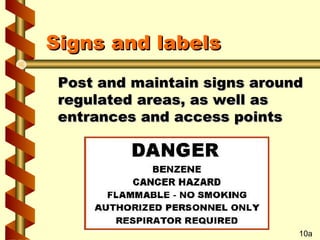 Signs and labels
Post and maintain signs around
regulated areas, as well as
entrances and access points

10a

 
