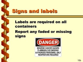 Signs and labels
Labels are required on all
containers
Report any faded or missing
signs

10b

 