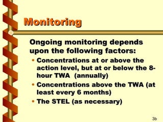 Monitoring
Ongoing monitoring depends
upon the following factors:

• Concentrations at or above the
action level, but at or below the 8hour TWA (annually)
• Concentrations above the TWA (at
least every 6 months)
• The STEL (as necessary)
3b

 