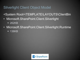 Silverlight Client Object Model
<System Root>TEMPLATELAYOUTSClientBin
• Microsoft.SharePoint.Client.Silverlight
   262KB
• Microsoft.SharePoint.Client.Silverlight.Runtime
   138KB
 