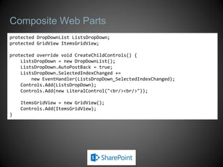Composite Web Parts
protected DropDownList ListsDropDown;
protected GridView ItemsGridView;

protected override void CreateChildControls() {
    ListsDropDown = new DropDownList();
    ListsDropDown.AutoPostBack = true;
    ListsDropDown.SelectedIndexChanged +=
        new EventHandler(ListsDropDown_SelectedIndexChanged);
    Controls.Add(ListsDropDown);
    Controls.Add(new LiteralControl("<br/><br/>"));

    ItemsGridView = new GridView();
    Controls.Add(ItemsGridView);
}
 
