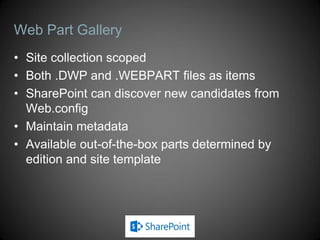 Web Part Gallery
• Site collection scoped
• Both .DWP and .WEBPART files as items
• SharePoint can discover new candidates from
  Web.config
• Maintain metadata
• Available out-of-the-box parts determined by
  edition and site template
 
