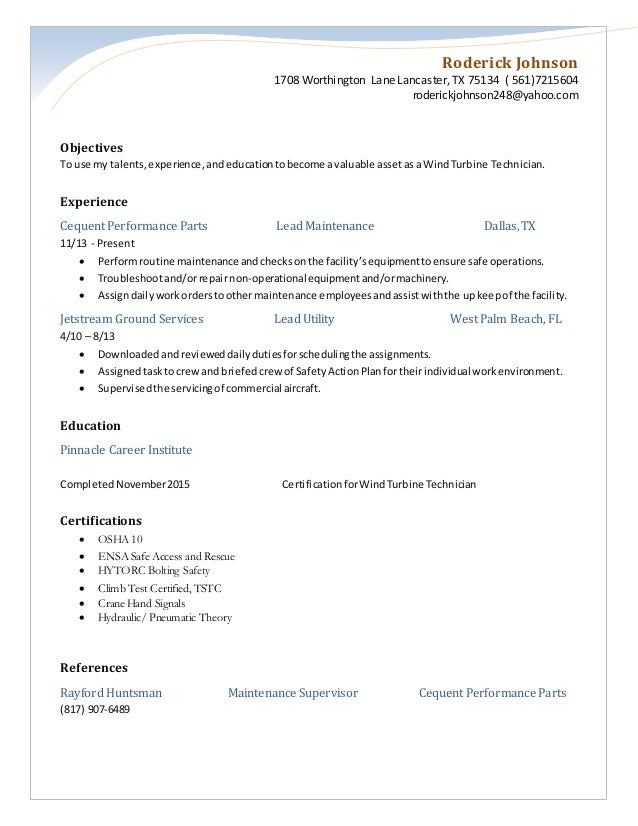 wind tech resume 2016