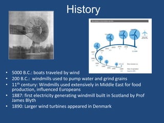 History




• 5000 B.C.: boats traveled by wind
• 200 B.C.: windmills used to pump water and grind grains
• 11th century: Windmills used extensively in Middle East for food
  production, influenced Europeans
• 1887: first electricity generating windmill built in Scotland by Prof
  James Blyth
• 1890: Larger wind turbines appeared in Denmark
 