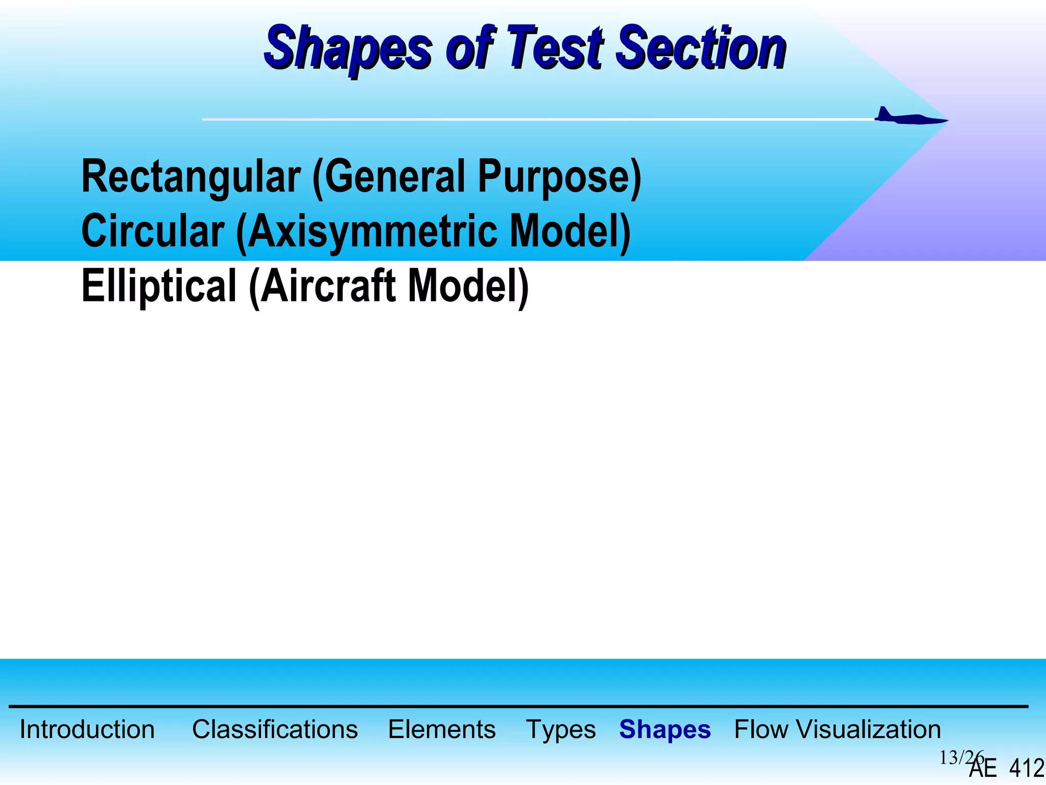 13/26
Shapes of Test SectionShapes of Test Section
Rectangular (General Purpose)
Circular (Axisymmetric Model)
Elliptical (Aircraft Model)
AE 412
Introduction Classifications Elements Types Shapes Flow Visualization
 