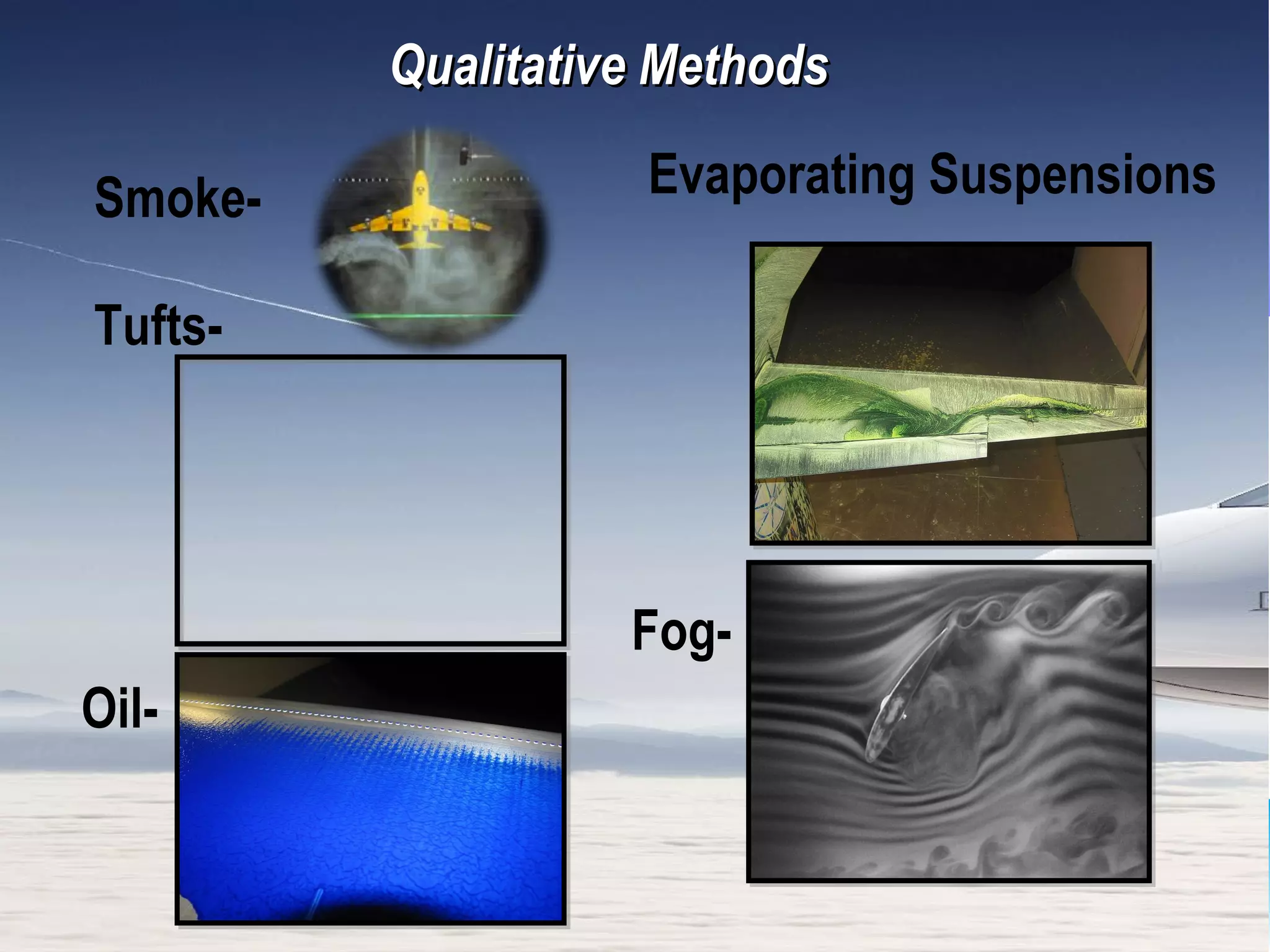 37/26
Smoke-
Tufts-
Oil-
Qualitative MethodsQualitative Methods
Evaporating Suspensions
Fog-
 
