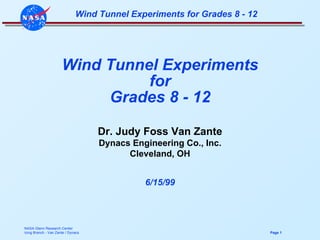 Wind Tunnel Experiments for Grades 8 - 12 Dr. Judy Foss Van Zante Dynacs Engineering Co., Inc. Cleveland, OH 6/15/99 