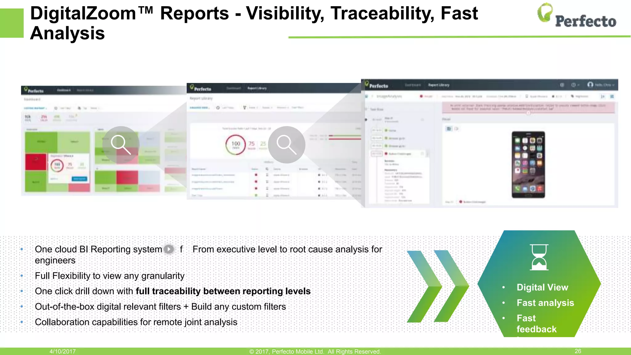 DigitalZoom™ Reports - Visibility, Traceability, Fast
Analysis
4/10/2017 26© 2017, Perfecto Mobile Ltd. All Rights Reserved.
• One cloud BI Reporting system f From executive level to root cause analysis for
engineers
• Full Flexibility to view any granularity
• One click drill down with full traceability between reporting levels
• Out-of-the-box digital relevant filters + Build any custom filters
• Collaboration capabilities for remote joint analysis
• Digital View
• Fast analysis
• Fast
feedback
loop
 