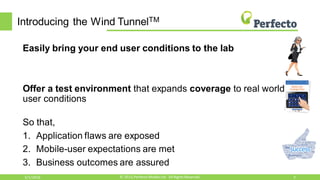 Introducing the Wind TunnelTM
Easily bring your end user conditions to the lab
Offer a test environment that expands coverage to real world
user conditions
So that,
1. Application flaws are exposed
2. Mobile-user expectations are met
3. Business outcomes are assured
3/1/2016 5© 2015,Perfecto MobileLtd. All Rights Reserved.
 