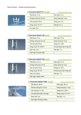 Wind Turbines – Models and Specification:
 