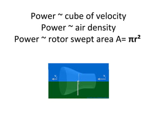 Power ~ cube of velocity
Power ~ air density
Power ~ rotor swept area A= πr²
 