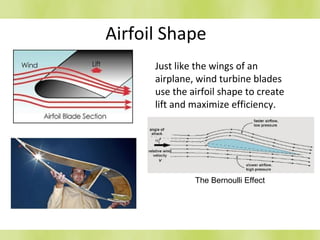 Airfoil Shape
Just like the wings of an
airplane, wind turbine blades
use the airfoil shape to create
lift and maximize efficiency.
The Bernoulli Effect
 