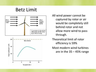 Betz Limit
All wind power cannot be
captured by rotor or air
would be completely still
behind rotor and not
allow more wind to pass
through.
Theoretical limit of rotor
efficiency is 59%
Most modern wind turbines
are in the 35 – 45% range
 