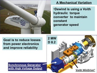 •Dewind is using a Voith
hydraulic torque
converter to maintain
constant
generator speed
A Mechanical Variation
Goal is to reduce losses
from power electronics
and improve reliability
2 MW
D 8.2
 