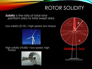 ROTOR SOLIDITY
Solidity is the ratio of total rotor
planform area to total swept area
Low solidity (0.10) = high speed, low torque
High solidity (>0.80) = low speed, high
torque
R
A
a
Solidity = 3a/A
 