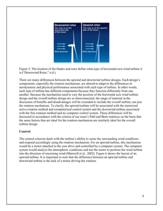 9
Figure 5: The location of the blades and rotor define what type of horizontal axis wind turbine it
is ("Downwind Rotor," n.d.).
There are many differences between the upwind and downwind turbine designs. Each design’s
components, especially the rotation mechanism, are altered to adapt to the differences in
aerodynamic and physical performance associated with each type of turbine. In other words,
each type of turbine has different components because they function differently from one
another. Because the mechanism used to vary the position of the horizontal axis wind turbine
design and the overall turbine design are so interconnected, the range of material in the
discussion of benefits and disadvantages will be extended to include the overall turbine, not just
the rotation mechanism. To clarify, the upwind turbine will be associated with the motorized
active rotation method and computerized control system and the downwind turbine associated
with the free rotation method and no computer control system. These differences will be
discussed in accordance with the criteria of our team’s Pahl and Beitz matrices on the basis that
the same factors that are ideal for the rotation mechanism are similarly ideal for the overall
turbine design.
Control:
The control criterion deals with the turbine’s ability to sense the surrounding wind conditions
and respond accordingly using the rotation mechanism. For an upwind turbine, this mechanism
would be a motor attached to the yaw drive and controlled by a computer system. The computer
system would analyze the atmospheric conditions and use the motor to position the wind turbine
into the direction of oncoming wind (Manwell et al., 2002). Figure 6 shows the layout of an
upwind turbine. It is important to note that the difference between an upwind turbine and
downwind turbine is the lack of a motor driving the rotation.
 