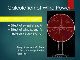 Calculation of Wind Power
•Power in the wind
– Effect of swept area, A
– Effect of wind speed, V
– Effect of air density,  R
Swept Area: A = πR2 Area
of the circle swept by the
rotor (m2).
Power in the Wind = ½ρAV3
 