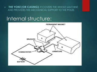 Internal structure:
 THE YOKE (OR CASING): IT COVERS THE WHOLE MACHINE
AND PROVIDES THE MECHANICAL SUPPORT TO THE POLES
 