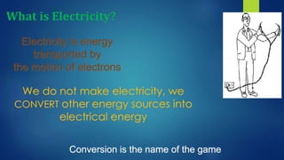 What is Electricity?
Electricity is energy
transported by
the motion of electrons
We do not make electricity, we
CONVERT other energy sources into
electrical energy
Conversion is the name of the game
 