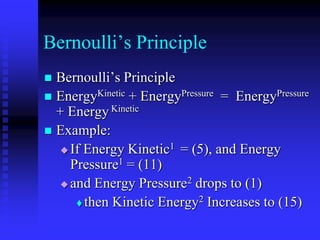 Bernoulli’s Principle
 Bernoulli’s Principle
 EnergyKinetic + EnergyPressure = EnergyPressure
+ Energy Kinetic
 Example:
 If Energy Kinetic1 = (5), and Energy
Pressure1 = (11)
 and Energy Pressure2 drops to (1)
 then Kinetic Energy2 Increases to (15)
 