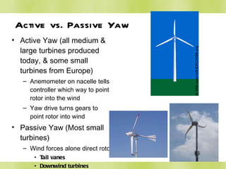 Active vs. Passive Yaw Active Yaw (all medium & large turbines produced today, & some small turbines from Europe) Anemometer on nacelle tells controller which way to point rotor into the wind Yaw drive turns gears to point rotor into wind Passive Yaw (Most small turbines) Wind forces alone direct rotor Tail vanes Downwind turbines 