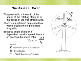 Tip-Speed Ratio Tip-speed ratio is the ratio of the speed of the rotating blade tip to the speed of the free stream wind. There is an optimum angle of attack which creates the highest lift to drag ratio. Because angle of attack is dependant on wind speed, there is an optimum tip-speed ratio  ΩR R Where, Ω  = rotational speed in radians /sec R  = Rotor Radius V  =  Wind “Free Stream” Velocity ΩR R ΩR V TSR = 