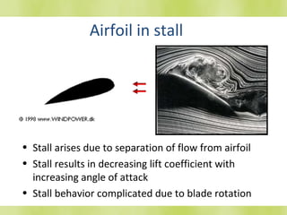 Airfoil in stall Stall arises due to separation of flow from airfoil Stall results in decreasing lift coefficient with increasing angle of attack Stall behavior complicated due to blade rotation 