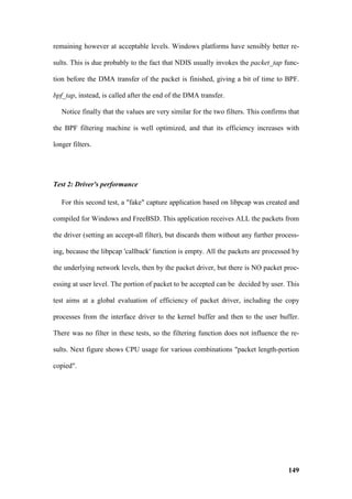 remaining however at acceptable levels. Windows platforms have sensibly better re-

sults. This is due probably to the fact that NDIS usually invokes the packet_tap func-

tion before the DMA transfer of the packet is finished, giving a bit of time to BPF.

bpf_tap, instead, is called after the end of the DMA transfer.

   Notice finally that the values are very similar for the two filters. This confirms that

the BPF filtering machine is well optimized, and that its efficiency increases with

longer filters.




Test 2: Driver's performance

   For this second test, a "fake" capture application based on libpcap was created and

compiled for Windows and FreeBSD. This application receives ALL the packets from

the driver (setting an accept-all filter), but discards them without any further process-

ing, because the libpcap 'callback' function is empty. All the packets are processed by

the underlying network levels, then by the packet driver, but there is NO packet proc-

essing at user level. The portion of packet to be accepted can be decided by user. This

test aims at a global evaluation of efficiency of packet driver, including the copy

processes from the interface driver to the kernel buffer and then to the user buffer.

There was no filter in these tests, so the filtering function does not influence the re-

sults. Next figure shows CPU usage for various combinations "packet length-portion

copied".




                                                                                      149
 