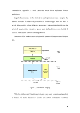 caratteristiche aggiuntive e nuovi protocolli senza dover aggiornare l’intera

architettura.

   La parte funzionante a livello utente è invece l’applicazione vera e propria, che

fornisce all’utente un’interfaccia per l’analisi o il monitoraggio della rete. Essa si

avvale delle primitive offerte dal kernel per ottenere i pacchetti transitanti in rete. Le

principali caratteristiche richieste a questa parte dell’architettura sono facilità di

utilizzo, potenza delle funzioni fornite e portabilità.

   La struttura dello stack di cattura sviluppato in questa tesi è rappresentato in figura

1.1.




                             Figura 1.1: struttura di winpcap


   Al livello più basso c’è l’adattatore di rete, che viene usato per catturare i pacchetti

in transito sul mezzo trasmissivo. Durante una cattura, solitamente l’adattatore




                                                                                         6
 