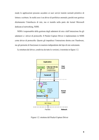 modo le applicazioni possono accedere ai suoi servizi tramite normali primitive di

lettura e scrittura. In realtà esso è un driver di periferico anomalo, perché non gestisce

direttamente l’interfaccia di rete, ma si installa nella parte dei kernel Microsoft

dedicata al networking, NDIS.

   NDIS è responsabile della gestione degli adattatori di rete e dell’interazione fra gli

adattatori e i driver di protocollo. Il Packet Capture Driver è implementato in NDIS

come driver di protocollo. Questo gli impedisce l’interazione diretta con l’hardware,

ma gli permette di funzionare in maniera indipendente dal tipo di rete sottostante.

   La struttura del driver, condivisa da tutte le versioni, è mostrata in figura 1.2.




                     Figura 1.2: struttura del Packet Capture Driver




                                                                                        8
 