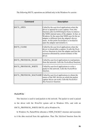 The following IOCTL operations are defined only in the Windows 9x version:



              Command                                  Description

IOCTL_OPEN                         Called by the user-level applications when the
                                   driver is opened for a new capture. First, this
                                   function calls GetNDISAdapterName to retrieve
                                   the NDIS internal name of the adapter. In fact, in
                                   Windows 9x the name that NDIS uses for the an
                                   adapter is different from the adapter's device
                                   name. At this point PacketOpen is invoked to
                                   open the adapter and initialize it.

IOCTL_CLOSE                        Called by the user-level applications when the
                                   driver is closed after a capture. It calls the Pack-
                                   etClose function to close the adapter and free the
                                   resources allocated by current instance of the
                                   driver.

IOCTL_PROTOCOL_READ                Called by user-level applications to read packets
                                   from the network. Calls the PacketRead function.

IOCTL_PROTOCOL_WRITE               Called by user-level applications to write a
                                   packet to the network. Calls the PacketWrite
                                   function.

IOCTL_PROTOCOL_MACNAME Called by user-level applications to obtain the
                       names of the NIC drivers on which the packet
                       capture driver can work. Calls the PacketGet-
                       MacNameList function.




PacketWrite

  This function is used to send packets to the network. The packet to send is passed

to the driver with the WriteFile system call in Windows NTx, and with an

IOCTL_PROTOCOL_WRITE IOCTL call in Windows 9x.

  In Windows 9x, PacketWrite allocates a NDIS_PACKET structure and associates

to it the data received from the application. Then The NdisSend function from the




                                                                                     86
 