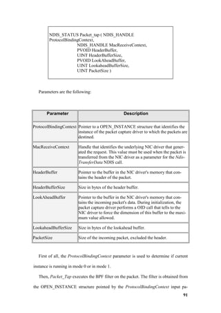 NDIS_STATUS Packet_tap ( NDIS_HANDLE
         ProtocolBindingContext,
                       NDIS_HANDLE MacReceiveContext,
                       PVOID HeaderBuffer,
                       UINT HeaderBufferSize,
                       PVOID LookAheadBuffer,
                       UINT LookaheadBufferSize,
                       UINT PacketSize )



   Parameters are the following:



       Parameter                                   Description

ProtocolBindingContext Pointer to a OPEN_INSTANCE structure that identifies the
                       instance of the packet capture driver to which the packets are
                       destined.

MacReceiveContext        Handle that identifies the underlying NIC driver that gener-
                         ated the request. This value must be used when the packet is
                         transferred from the NIC driver as a parameter for the Ndis-
                         TransferData NDIS call.

HeaderBuffer             Pointer to the buffer in the NIC driver's memory that con-
                         tains the header of the packet.

HeaderBufferSize         Size in bytes of the header buffer.

LookAheadBuffer          Pointer to the buffer in the NIC driver's memory that con-
                         tains the incoming packet's data. During initialization, the
                         packet capture driver performs a OID call that tells to the
                         NIC driver to force the dimension of this buffer to the maxi-
                         mum value allowed.

LookaheadBufferSize      Size in bytes of the lookahead buffer.

PacketSize               Size of the incoming packet, excluded the header.



   First of all, the ProtocolBindingContext parameter is used to determine if current

instance is running in mode 0 or in mode 1.

   Then, Packet_Tap executes the BPF filter on the packet. The filter is obtained from

the OPEN_INSTANCE structure pointed by the ProtocolBindingContext input pa-
                                                                                      91
 