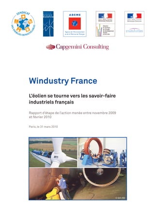 Windustry France
L’éolien se tourne vers les savoir-faire
industriels français

Rapport d’étape de l’action menée entre novembre 2009
et février 2010

Paris, le 31 mars 2010




                                                    © SER-FEE
 
