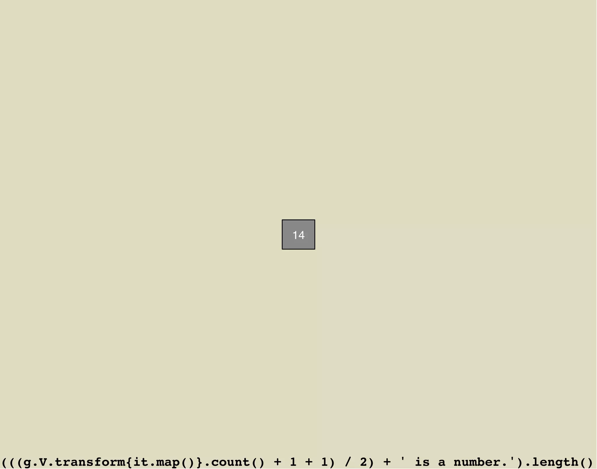 14




(((g.V.transform{it.map()}.count() + 1 + 1) / 2) + ' is a number.').length()
 