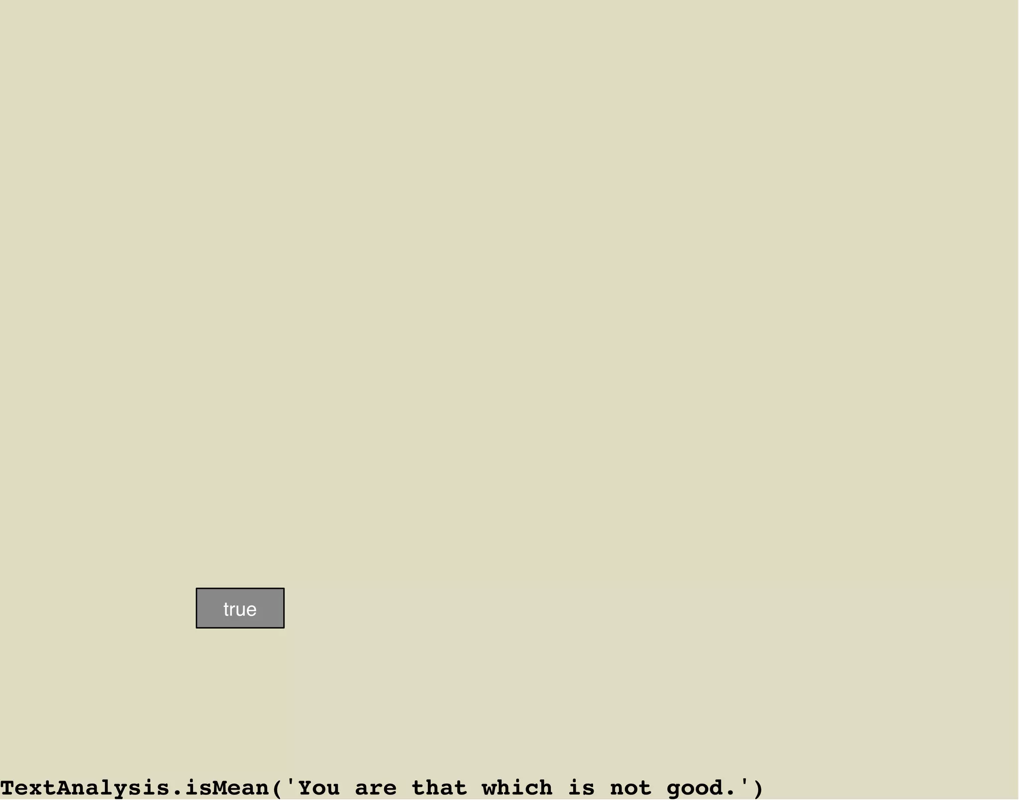 true




TextAnalysis.isMean('You are that which is not good.')
 