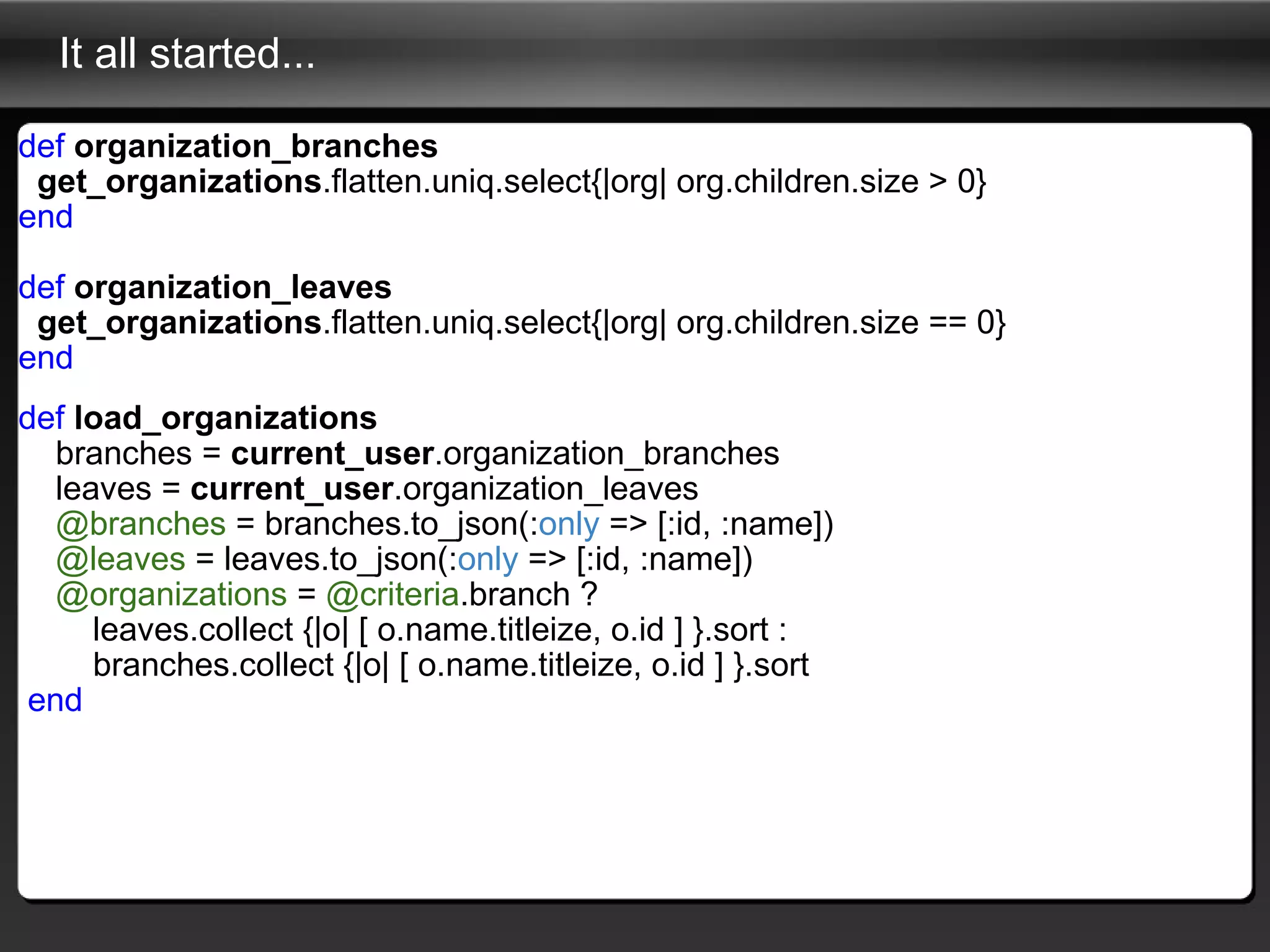 It all started... def   organization_branches    get_organizations .flatten.uniq.select{|org| org.children.size > 0} end def   organization_leaves    get_organizations .flatten.uniq.select{|org| org.children.size == 0} end def   load_organizations      branches =  current_user .organization_branches      leaves =  current_user .organization_leaves      @branches  = branches.to_json(: only  => [:id, :name])      @leaves  = leaves.to_json(: only  => [:id, :name])      @organizations  =  @criteria .branch ?           leaves.collect {|o| [ o.name.titleize, o.id ] }.sort :           branches.collect {|o| [ o.name.titleize, o.id ] }.sort   end 