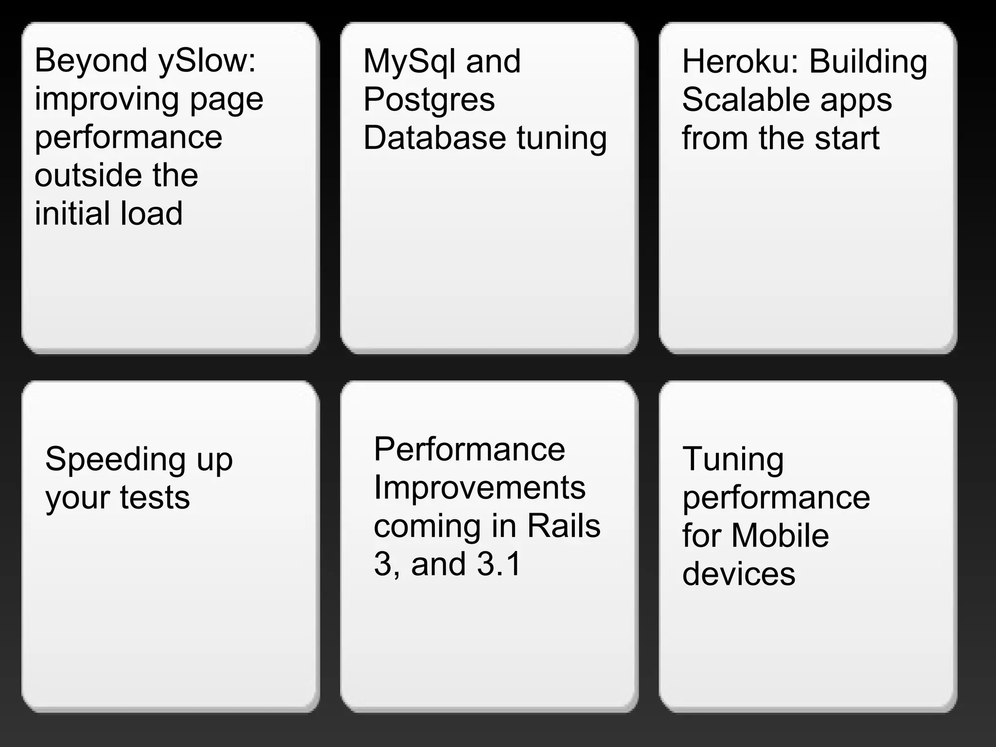 Beyond ySlow: improving page performance outside the initial load MySql and Postgres Database tuning Heroku: Building Scalable apps from the start Tuning performance for Mobile devices Performance Improvements coming in Rails 3, and 3.1 Speeding up your tests 