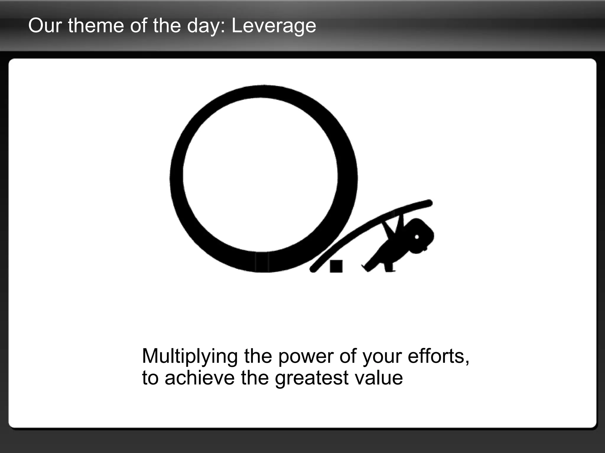 Our theme of the day: Leverage Multiplying the power of your efforts,  to achieve the greatest value 