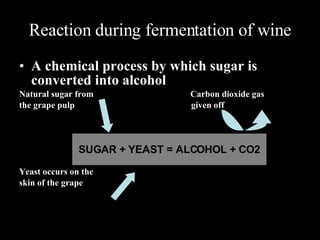 Reaction during fermentation of wine A chemical process by which sugar is converted into alcohol Natural sugar from    Carbon dioxide gas  the grape pulp  given off Yeast occurs on the skin of the grape SUGAR + YEAST = ALCOHOL + CO2 
