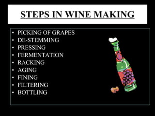 STEPS IN WINE MAKING PICKING OF GRAPES DE-STEMMING PRESSING FERMENTATION RACKING AGING FINING FILTERING BOTTLING 