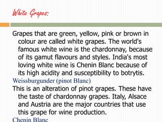 White Grapes:

Grapes that are green, yellow, pink or brown in
  colour are called white grapes. The world's
  famous white wine is the chardonnay, because
  of its gamut flavours and styles. India's most
  loving white wine is Chenin Blanc because of
  its high acidity and susceptibility to botrytis.
Weissburgunder (pinot Blanc)
This is an alteration of pinot grapes. These have
  the taste of chardonnay grapes. Italy, Alsace
  and Austria are the major countries that use
  this grape for wine production.
 