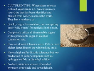  CULTURED TYPE: Winemakers select a
cultured yeast strain, i.e., Saccharomyces
cerevisiae that has been identified and
planted from wineries across the world.
They has a tendency to :
 Quickly begin fermentation, out- competing
other ‘wild yeasts’ for nutrients in the most.
 Completely utilize all fermentable sugars
with a predictable sugar-to-alcohol
conversion rate.
 Have an alcohol tolerance up to 15% or even
higher depending on the winemaking style.
 Have a high sulfur dioxide tolerance but low
production of sulfur compound such as
hydrogen sulfide or dimethyl sulfide.
 Produce minimum amount of residual
pyruvate, acetic acid and acetaldehyde..
 
