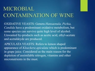 MICROBIAL
CONTAMINATION OF WINE
OXIDATIVE YEASTS: Genera Hansaenula, Pichia,
Candida have a predominant oxidative metabolism, but
some species can survive quite high level of alcohol.
Unwanted by-products such as acetic acid, ethyl-acetate
and acetaldeyde are produced.
APICULATA YEASTS: Refers to lemon shaped
appearance of Kloeckera apiculata which is predominant
in grape juice. Considered as the main reason for the
depletion of assimilable nitrogen, vitamins and other
micronutrients in the must.
 