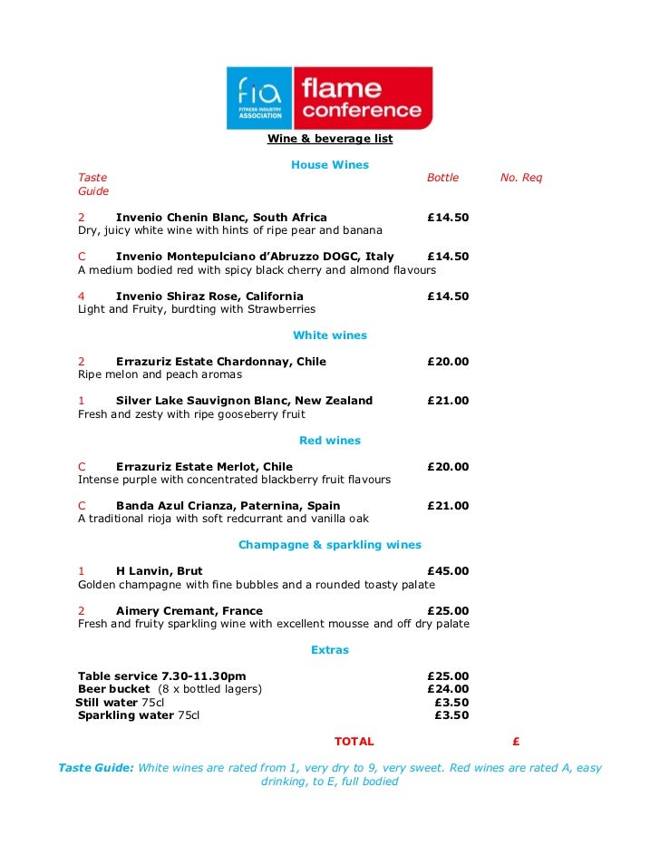 Wine and beverage price list