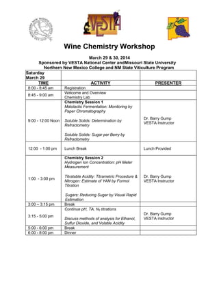 Wine Chemistry Workshop
March 29 & 30, 2014
Sponsored by VESTA National Center andMissouri State University
Northern New Mexico College and NM State Viticulture Program
Saturday
March 29
TIME
ACTIVITY
PRESENTER
8:00 - 8:45 am
8:45 - 9:00 am

9:00 - 12:00 Noon

Registration
Welcome and Overview
Chemistry Lab
Chemistry Session 1
Malolactic Fermentation: Monitoring by
Paper Chromatography
Soluble Solids: Determination by
Refractometry

Dr. Barry Gump
VESTA Instructor

Soluble Solids: Sugar per Berry by
Refractometry
12:00 - 1:00 pm

Lunch Break

Lunch Provided

Chemistry Session 2
Hydrogen Ion Concentration: pH Meter
Measurement
1:00 - 3:00 pm

3:00 – 3:15 pm
3:15 - 5:00 pm
5:00 - 6:00 pm
6:00 - 8:00 pm

Titratable Acidity: Titrametric Procedure &
Nitrogen: Estimate of YAN by Formol
Titration

Dr. Barry Gump
VESTA Instructor

Sugars: Reducing Sugar by Visual Rapid
Estimation
Break
Continue pH, TA, N2 titrations
Discuss methods of analysis for Ethanol,
Sulfur Dioxide, and Volatile Acidity
Break
Dinner

Dr. Barry Gump
VESTA instructor

 