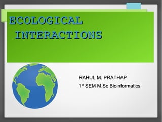 ECOLOGICAL ECOLOGICAL 
INTERACTIONSINTERACTIONS
By,By,
RAHUL M. PRATHAPRAHUL M. PRATHAP
11stst
SEM M.Sc BioinformaticsSEM M.Sc Bioinformatics
 