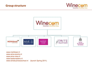 Group structure




www.merkbaar.nl
www.wine-events.nl
www.wine-view.nl
www.tastemasters.nl
www.winebusinessschool.nl   (launch Spring 2011)
 