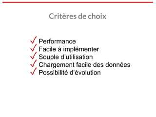 ✓ Performance
✓ Facile à implémenter
✓ Souple d’utilisation
✓ Chargement facile des données
✓ Possibilité d’évolution
Critères de choix
 