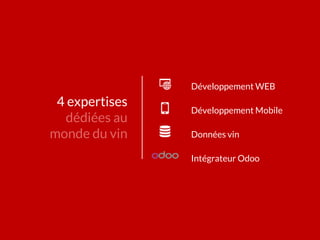 4 expertises
dédiées au
monde du vin
Développement WEB
Développement Mobile
Données vin
Intégrateur Odoo
 